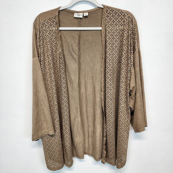 Cato Faux Suede Cardigan Size 18/20 Brown Laser Cutouts Open Neutral Minimalist - Picture 1 of 9